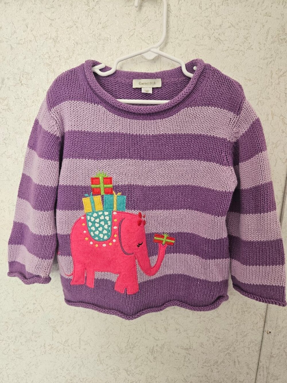 Garnet Hill Girls XS Purple Striped Elephant Knit Sweater